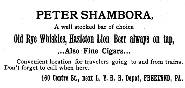 Peter Shambora saloon ad 1895