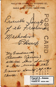 Priscilla Society, verso of postcard