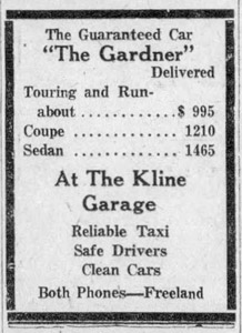 Kline Garage ad, 1922