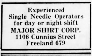 Major Shirt Factory help wanted ad, 1954